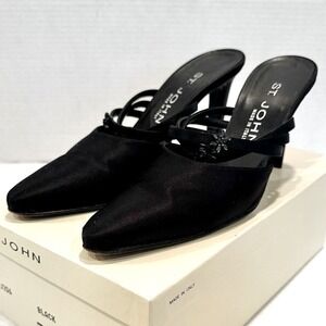 St. John Satin Pumps Floral Rhinestones‎ Women's 7B Black Strappy Mule Vintage